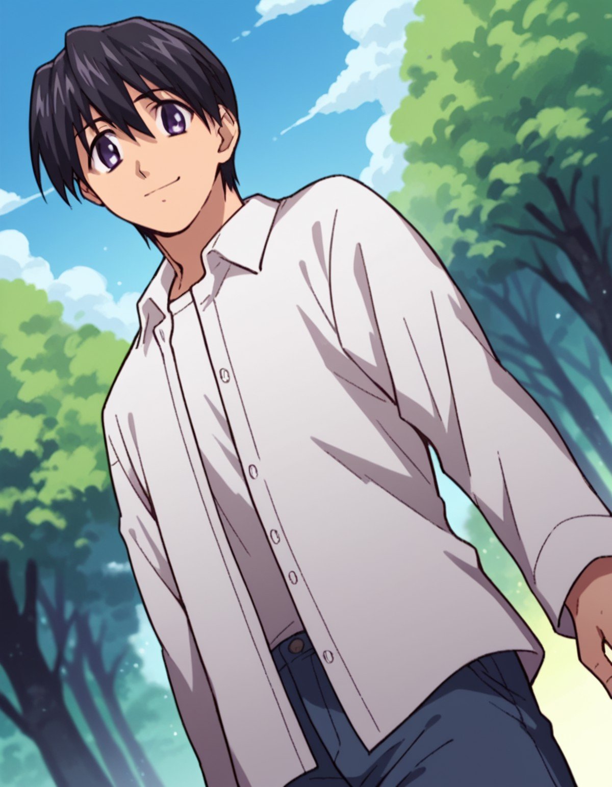 score_9, score_8_up, score_7_up, source_anime,elfenliedkouta, <lora:elfen-lied-kouta-s1-ponyxl-lora-nochekaiser:1>,kouta, purple eyes, black hair, male focus,shirt, long sleeves, white shirt, short sleeves, open clothes, pants,outdoors, smile,cowboy shot, looking at viewer, solo, dutch angle,