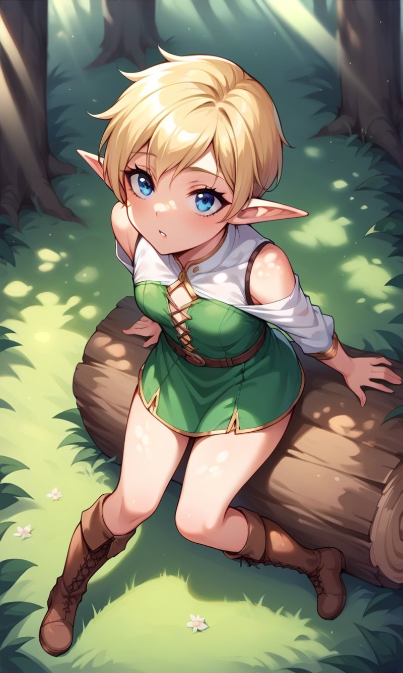 score_9, score_8_up, score_7_up, score_6_up, score_5_up, score_4_up, source_anime, BREAK, 1girl, solo, elf girl, elf ears, pixie, sitting on log, forest, blue eyes,from above,looking up,ground,blonde hair,(dappled sunlight:1.2),blurry,depth of field, boots,leaf