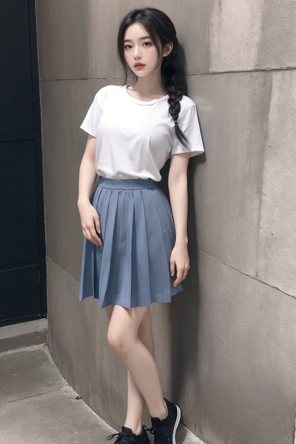 1girl, against wall, arms behind back, black hair, braid, full body, grey skirt, hair over shoulder, long hair, looking at viewer, pleated skirt, shirt, shoes, short sleeves, skirt, solo, standing, twin braids <lora:国际超模脸:0.8>