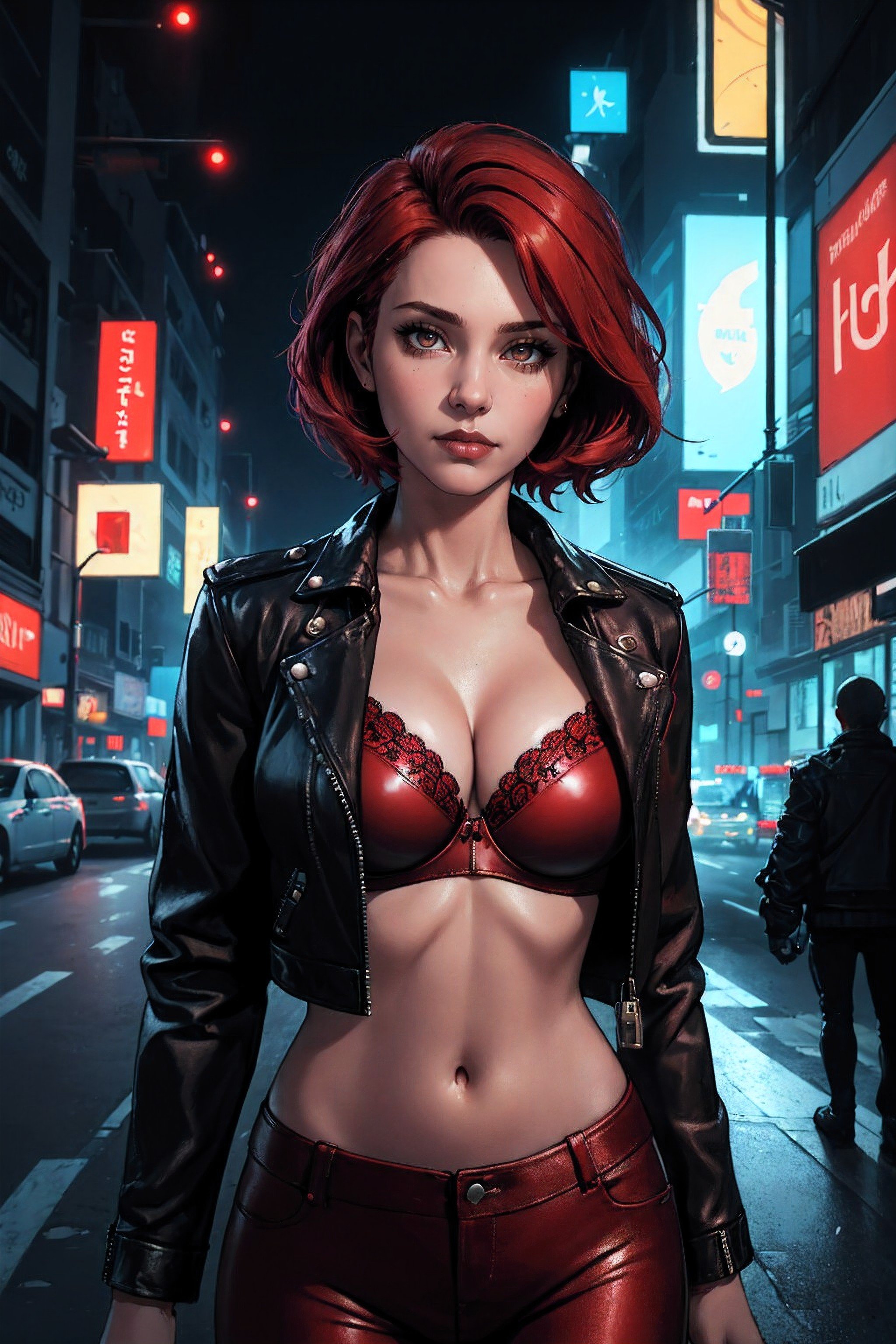 (masterpiece, highest quality, absurdres), sci-fi, dystopian, close-up, upper body, solo, woman, short red hair, brown eyes, midriff, cleavage, cropped leather jacket, red bra, leather pants, facing the viewer, standing, city, night, neon, cinematic lighting