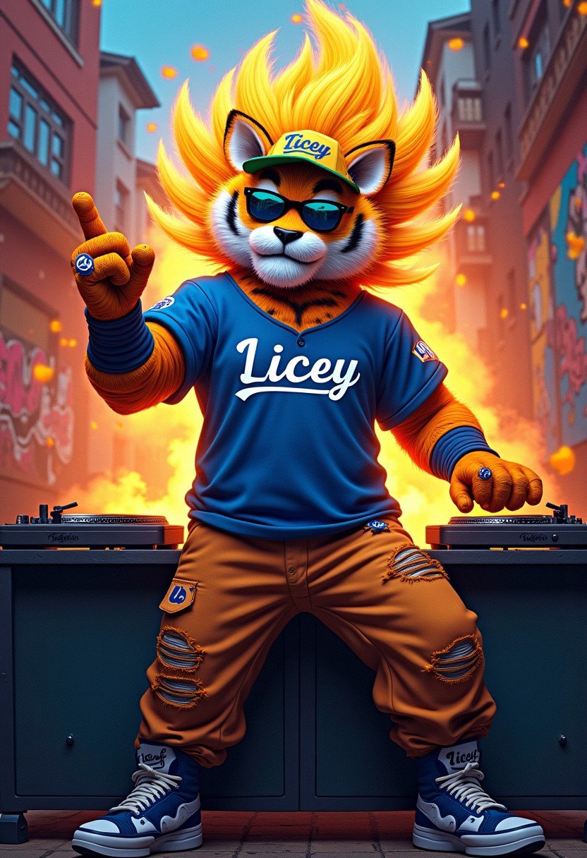 @carlosmanuelpe2 (40) a young man A vibrant and energetic scene of a tiger Goku DJ performing at an electronic music party. The tiger Goku, wearing the blue and white uniform of the Tigres del Licey baseball team, stands behind a DJ booth with turntables and mixers. an urban scene featuring Goku from Dragon Ball Z transforming into Super Saiyan 4. He exudes a powerful presence, wearing a blue T-shirt adorned with the 'Licey'   logo. With his right hand, Goku makes an 'L' gesture. He wears ripped pants, tennis shoes, sunglasses, and a green cap. Incorporate urban hip-hop-style elements into the backdrop, such as graffiti, street signs, and colorful murals. Ensure vibrant colors and intricate details throughout the scene. The 'Licey' logo should be highlighted in one corner, subtly reinforcing the campaign message. The image should captivate viewers with its dynamic composition and visually striking elements, suitable for showcasing on ArtStation.