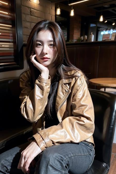 Best quality, masterpiece, ultra high res, (photorealistic:1.4), raw photo, 1girl, closeup, in coffeeshop, sitting down,  long hair, leather jacket, <lora:makina69_yiyeon_v1.0:1>