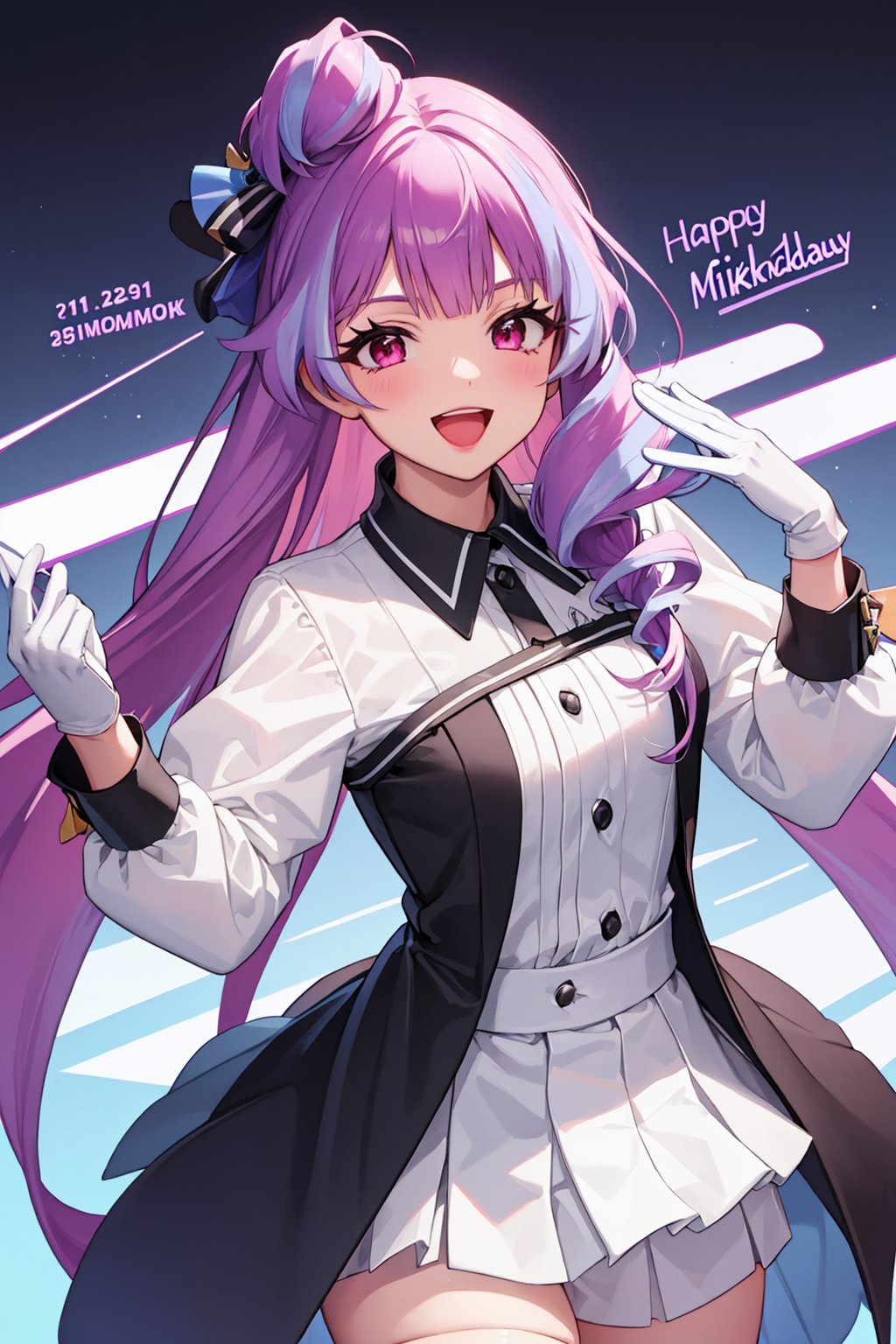 masterpiece,best quality, highly detailed, 1girl,mikumo guynemer,open mouth,smile,solo,dated,character name,happy birthday,holding microphone,white gloves,white shirt,<lora:mikumo_guynemer:1>