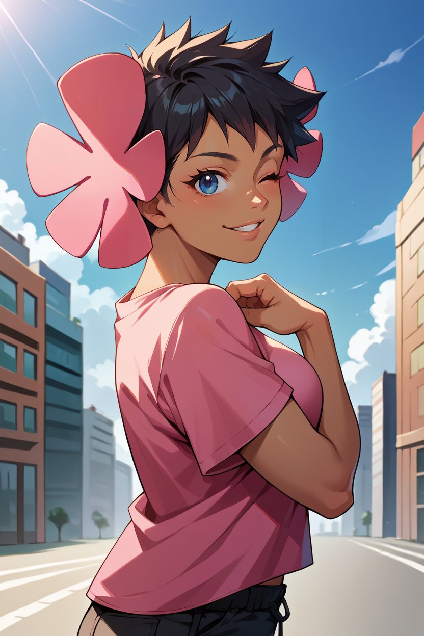 score_9, score_8_up, score_7_up, score_6_up, source_anime BREAK 1girl, solo   <lora:pkmnphoebe-pdxl-nvwls-v1-000004:1> defPhoebe, black hair, blue eyes, dark skin, hair flower, pink flower, pink t-shirt, black pants, wink, looking at you, city, from side