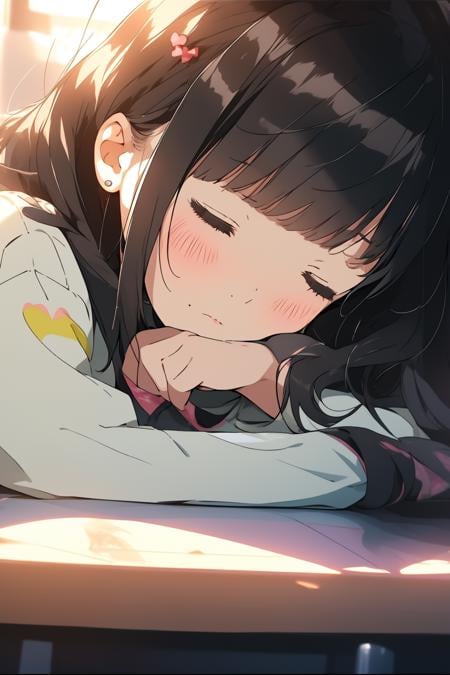 <lora:nijipretty_20230624235607:1.5>,1girl, solo, hair ornament, closed eyes, hairclip, black hair, long hair, sleeping, blush, long sleeves, bangs, cup, closed mouth, mouse (computer), phone