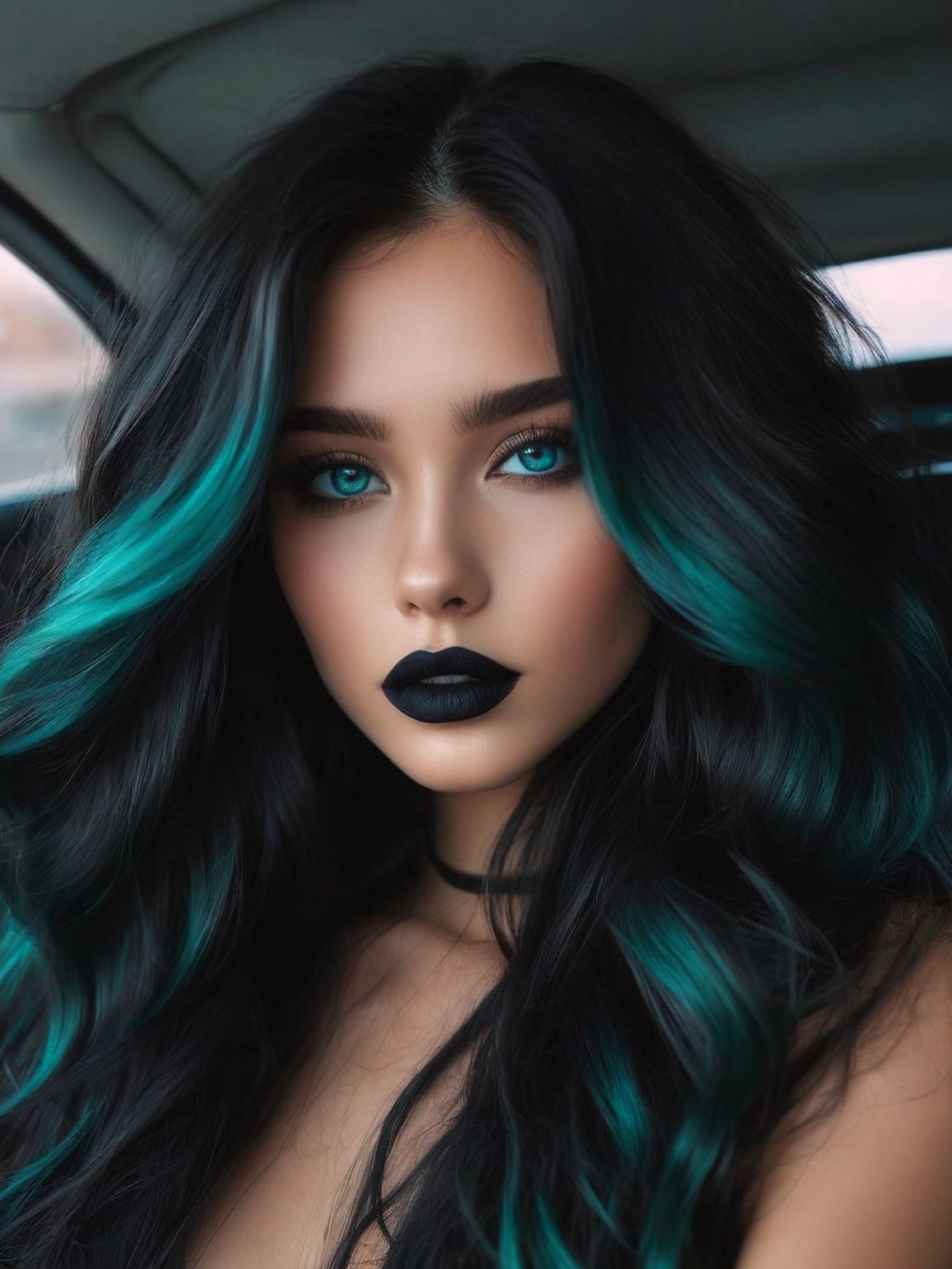 an ultrarealistic photo with great lighting, highly detailed realistic of an artarafed 20yo with long tousled black and teal hair, detailed hazel eyes lined in black, long lashes, black lipstick, the style of andreas rocha,  wlop and andrei riabovitchev, 8k,, <lora:GoodPhotoV1.0_alpha1.0_rank8_noxattn_700steps:1>