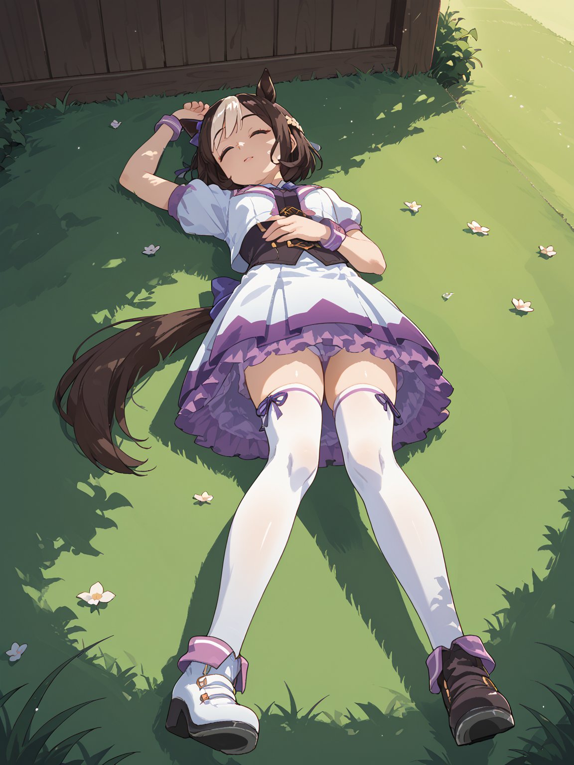 <lora:Special_Week_v1.0_Cibitai:0.7>,special week,horse ears, horse tail, purple eyes,hair bow, short hair, crown braid, brown hair, two-tone hair,multicolored hair,white open jacket,vest, skirt, white thighhighs, puffy sleeves,1girl,sleeping,grass,from below,sunlight, summer,wind, score_9, score_8_up, score_7_up,source_anime, cinematic lighting,shadow,light particles,chromatic aberration