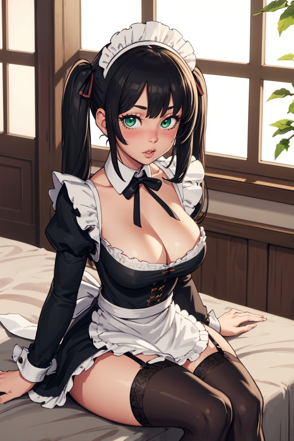 (masterpiece, best quality:1.2),  <lora:bbcchan:.95>, bbcchan, 1girl, breasts, solo, thighhighs, maid, heart-shaped chocolate, twintails, white thighhighs, cleavage, chocolate, maid headdress, green eyes, apron, sitting, food, long hair, dress, large breasts, heart, looking at viewer, candy, blush, long sleeves, detached collar, ribbon, garter straps, black dress, bangs, indoors, valentine, black ribbon, grey hair, maid apron