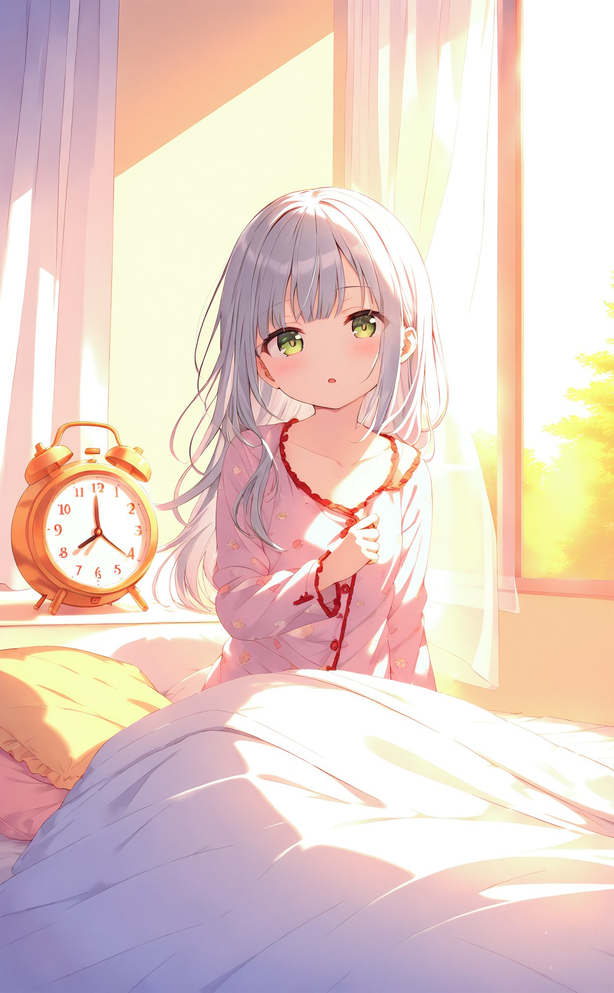 masterpiece,best quality,high quality,(colorful),loli,1girl,clock,solo,alarm clock,under covers,green eyes,bed,long hair,pillow,indoors,sunlight,curtains,pajamas,grey hair,blanket,window,collarbone,bangs.,