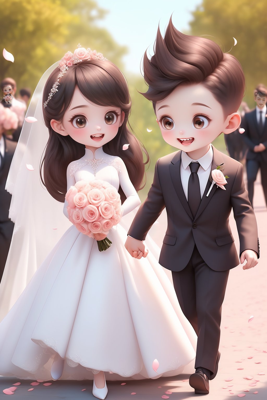 1girl,sqs,dress,1boy,flower,brown hair,smile,necktie,open mouth,brown eyes,holding hands,pants,long hair,white dress,wedding dress,petals,white footwear,bouquet,black necktie,blush,wedding,groom,walking,black pants,formal,pink flower,teeth,hair ornament,suit,hair flower,shirt,upper teeth only,chibi,hetero,:d,holding,short hair,white jacket,bride,looking at another,veil,spiked hair,shoes,aged down,bridal veil,<lora:sqs:0.8>,