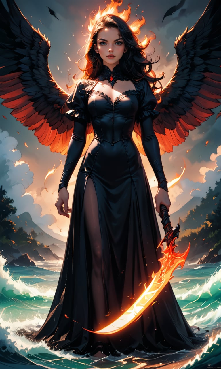 4n1v3rs3, score_9, score_8_up, score_7_up, Death angel on Earth, fullbody shot, huge black wings, black gothic long dress, holding a fiery sword, surrounded by flames and waves, realistic style with strong emphasis on lighting and textures, inspired by the works of Gustave Doré and William Blake