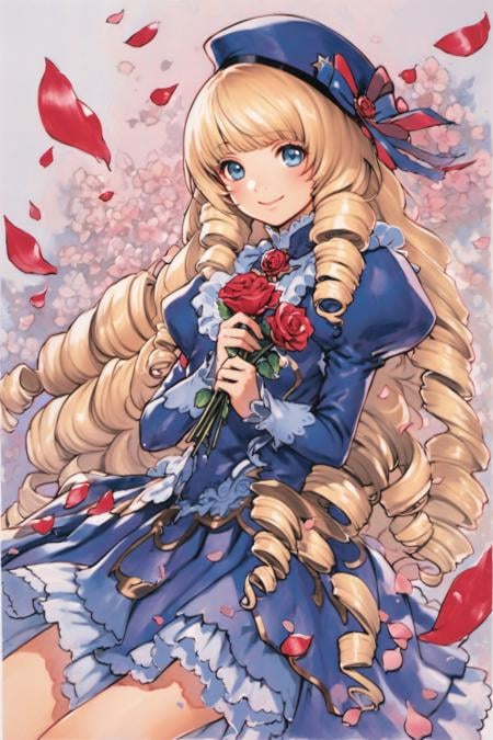 1girl, solo, blonde hair, hat, long hair, blue eyes, drill hair, flower, rose, petals, dress, smile, very long hair, traditional media, <lora:Yasuda akira_XL:0.8>