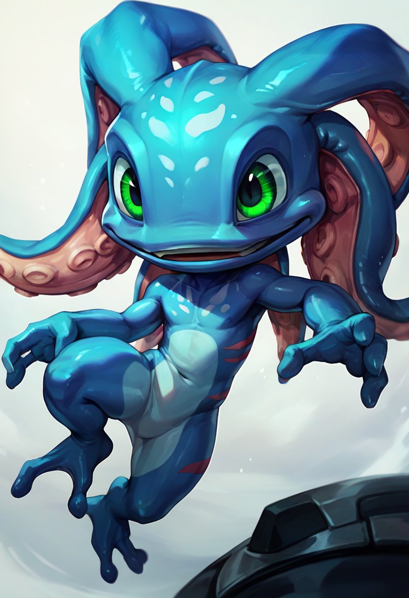 score_9, score_8_up, score_7_up, score_6_up, f1zz, 1boy, yordle, male focus, colored skin, blue skin, green eyes, tentacle hair, <lora:Fizz_Default_v1:0.8>