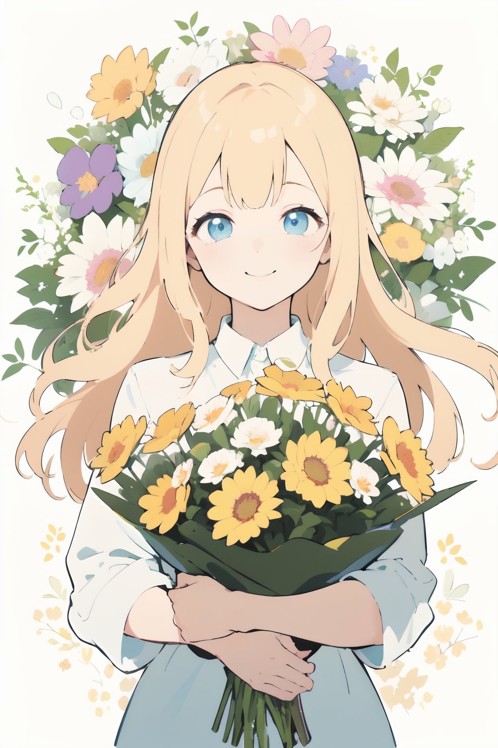(finely best quality illustration:1.2), (kawaii girl:1.1), (1girl, solo:1.0), (blonde long hair:1.0), (smile:1.1), (holding a bouquet:1.0), (upper body:1.0), (flower garden, floral background:1.0), (ultra-detailed, highres:1.0),