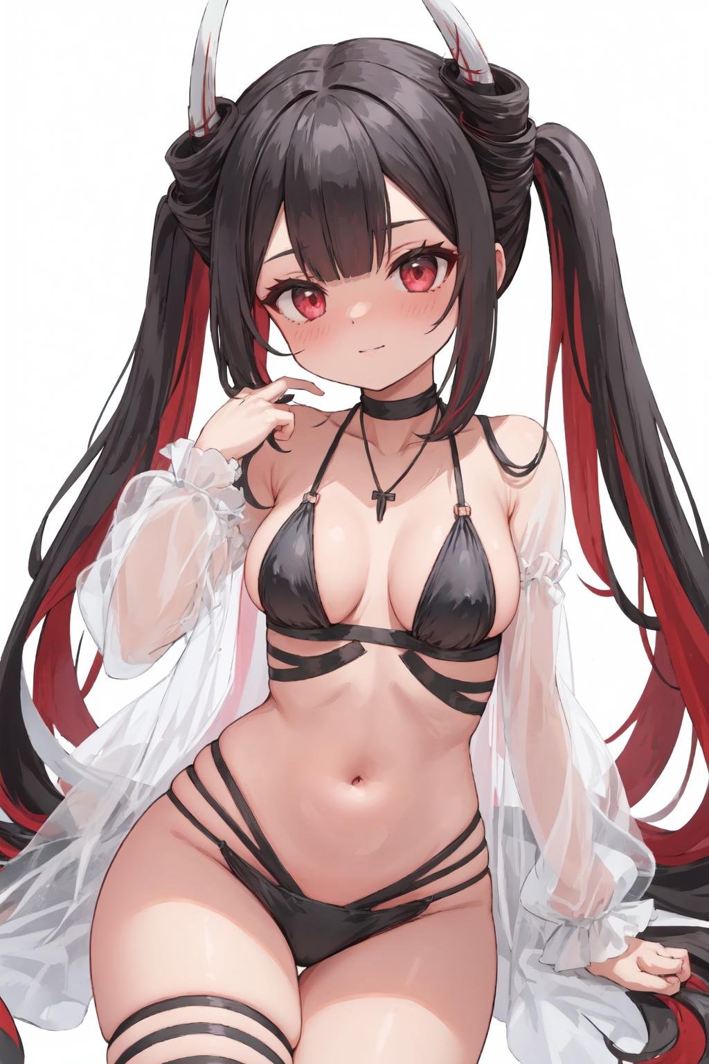 hatsuzuki, horns, black bikini, thigh strap, black choker, white see-through shirt, twintails <lora:hatsuzuki:1>