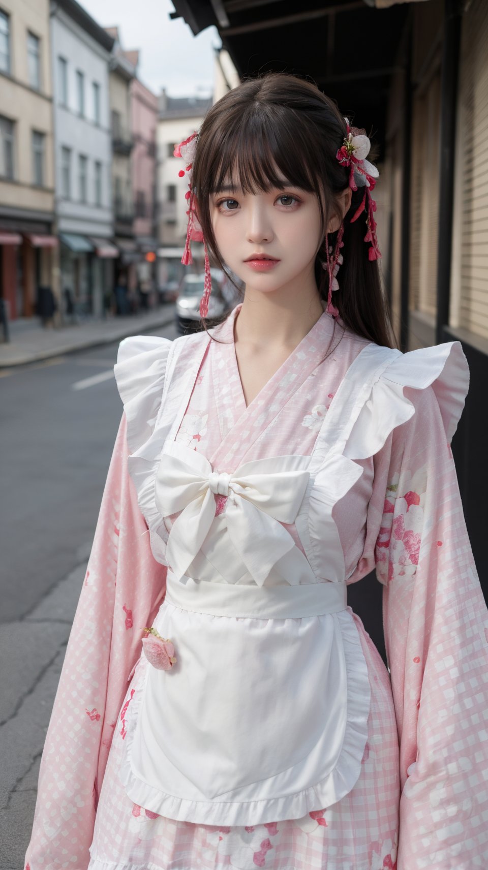 best quality,HDR,UHD,8K,Vivid Colors,solo,photo_,(1girl:1.3),(standing:1.3),(looking at viewer:1.4),Elegant,detailed gorgeous face,(upper body:1.2),(street background:1.2),<lora:Twinkle2:0.75>, kimono,apron,bow,puffy sleeves,