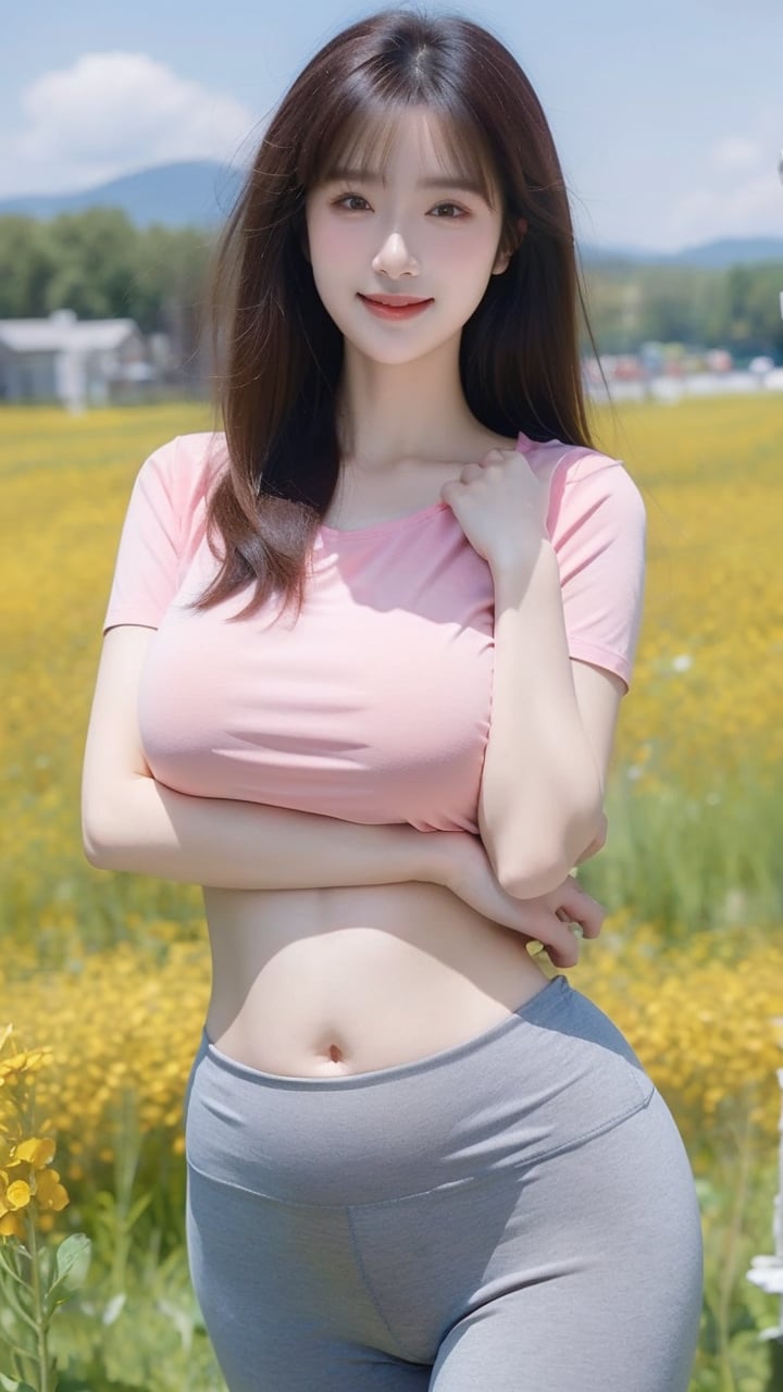 <lora:meinv217:0.8>,1girl,solo,outdoors,shirt,breasts,looking at viewer,brown hair,navel,flower,realistic,smile,pants,field,brown eyes,day,pink shirt,standing,long hair,sky,short sleeves,midriff,blurry,large breasts,yoga pants,