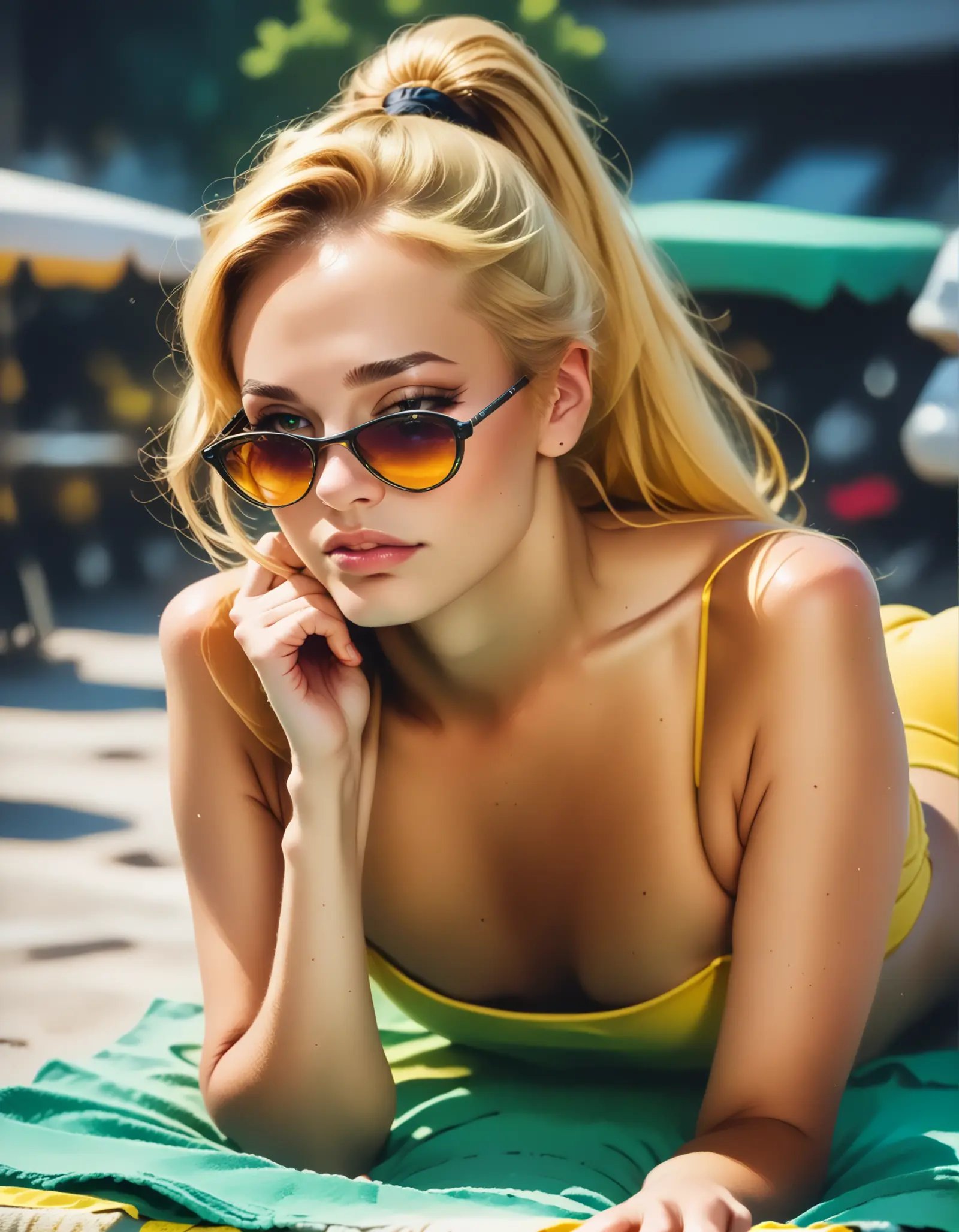 score_9, score_8_up, score_7_up, lofwes, front view, (slim 25yo girl) in yellow bikini is lying on elbows on a green towel in a crowded park.  long blonde ponytail   <lora:LyingOnFrontWithElbowSupportPony:1>