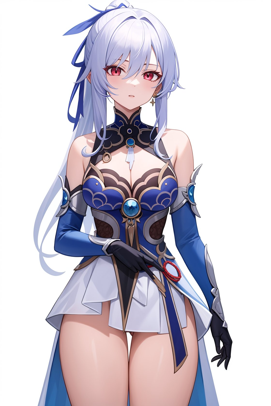 <lora:镜流v4:1:lbw=char>,jingliu,1girl,solo,bangs,bare shoulders,black gloves,high quality,detached sleeves,cleavage,blue dress,ponytail,earrings,elbow gloves,ribbon,thighs,, (masterpiece,best quality:1.2),absurdres, high quality,