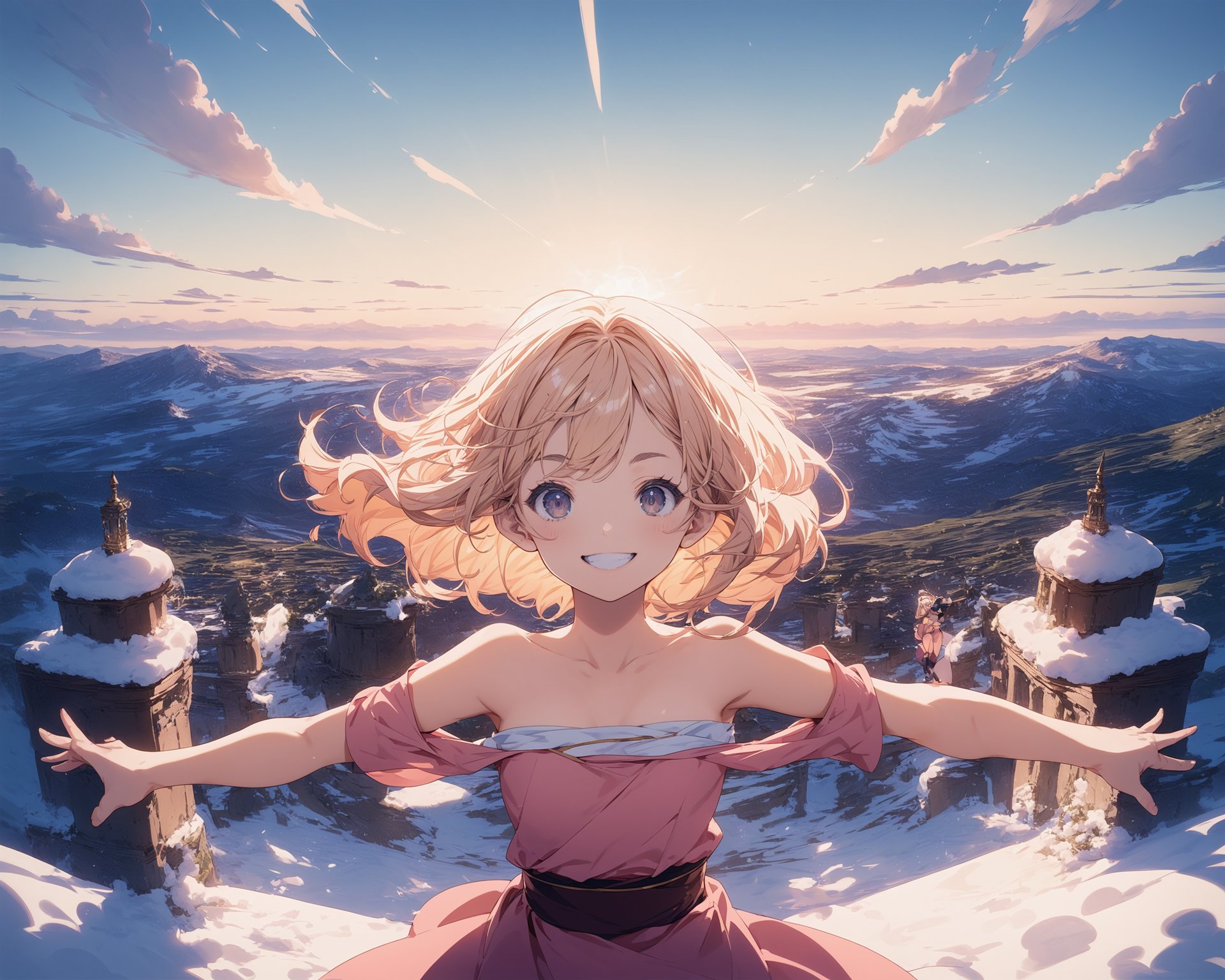 score_9,score_8_up,score_7_up,source_anime,masterpiece,best_quality,highres,absurdres,BREAK1girl,smile,tube_top,outstretched_arms, skipping,windy_sky,mountainous_horizon, outdoors,