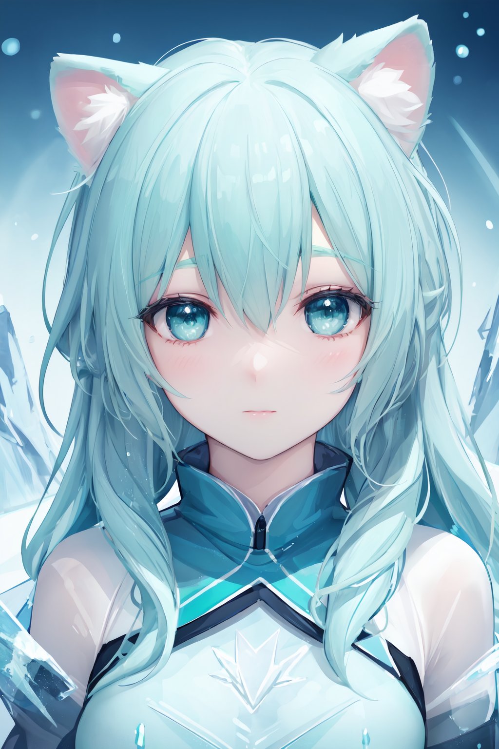 (animal ears), light green hair, aqua eyes, (masterpiece), (best quality), (ultra-detailed), more_details:-1, more_details:0, more_details:0.5, more_details:1, more_details:1.5, OuterWorldAI, glowify, worldofice, frozen, frosty