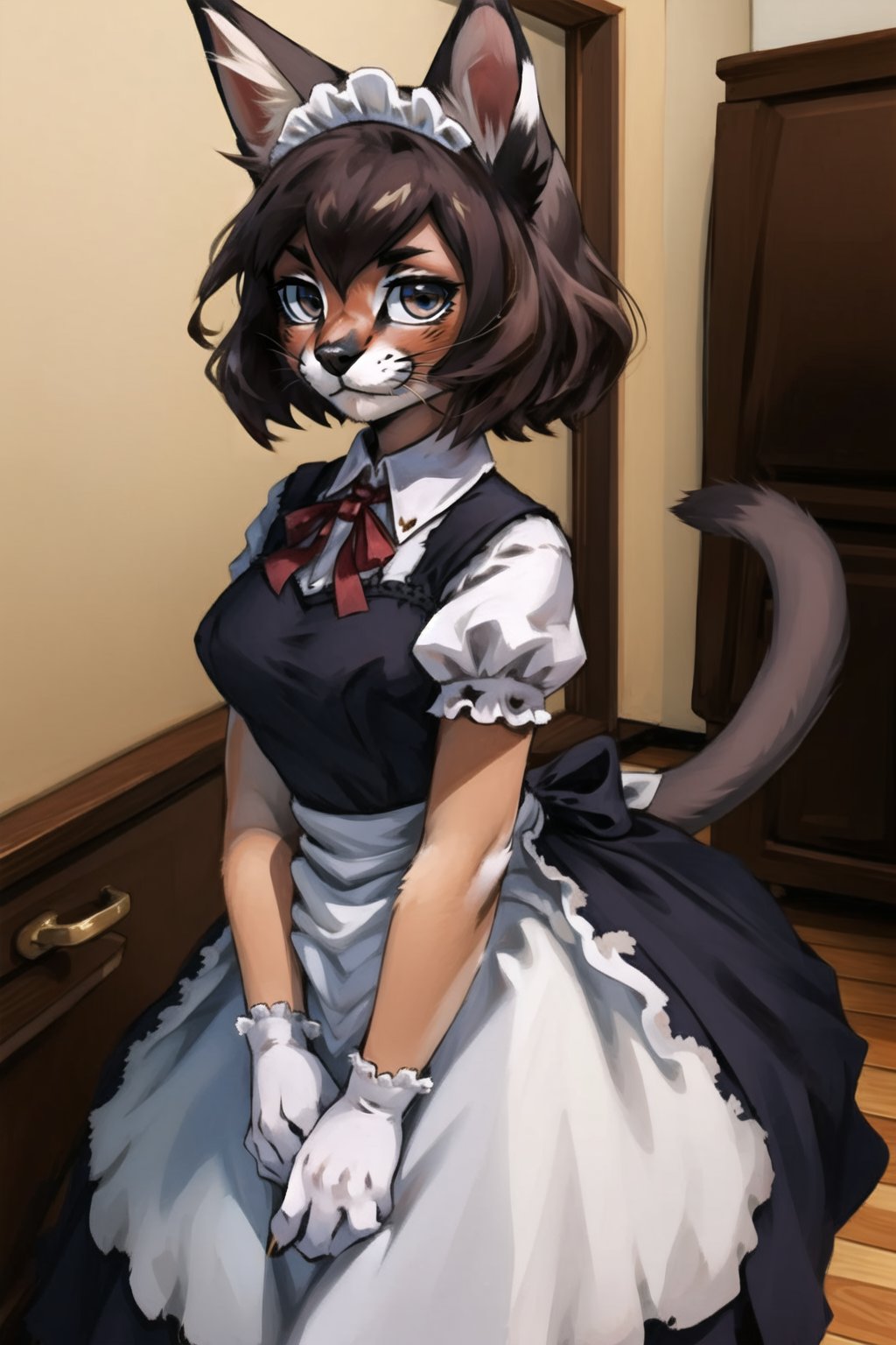 masterpiece, best quality, looking at viewer, furry cat girl,maid,brown hair,caracalcat,caracal,ningmao, <lora:Caracal:0.7>