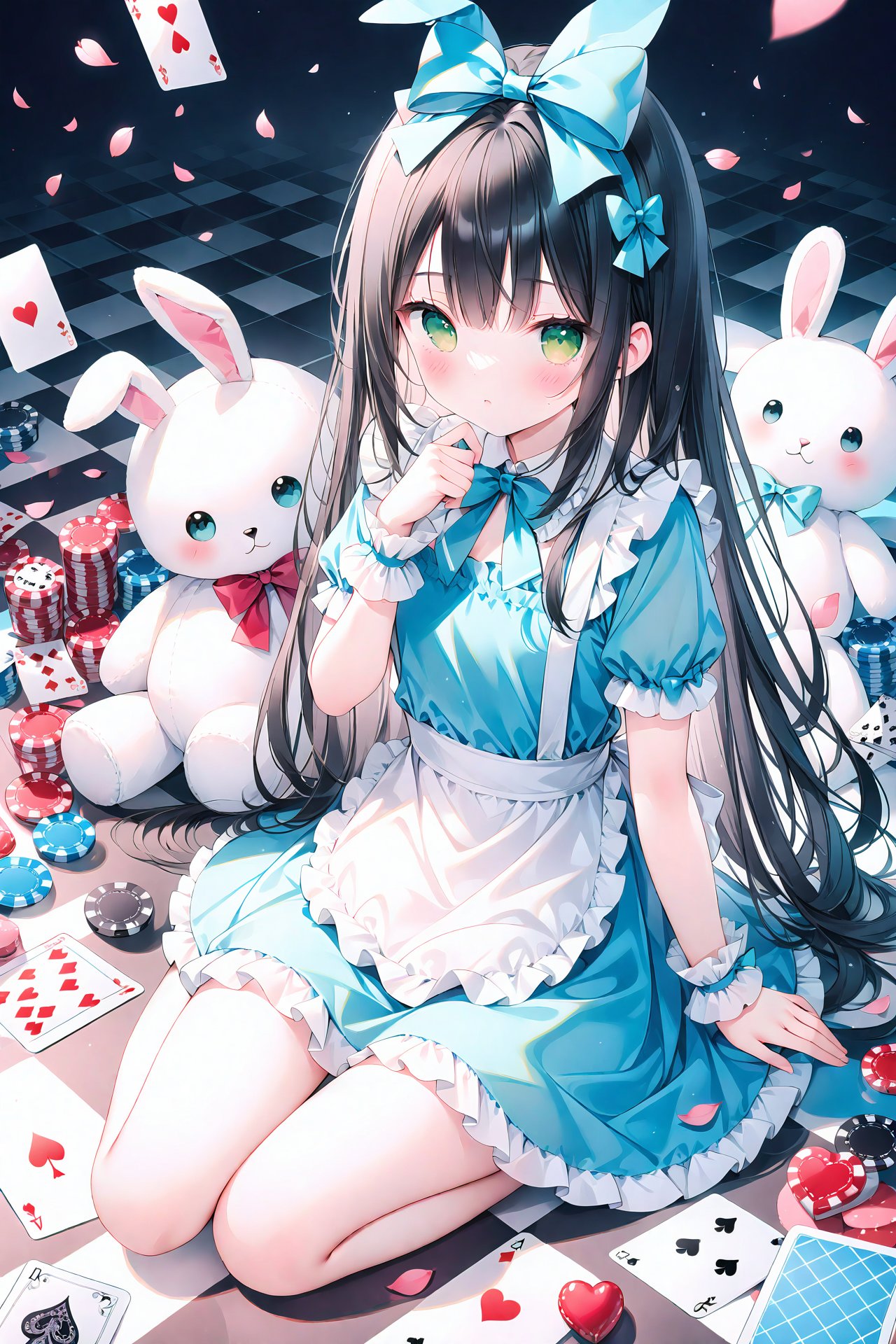 masterpiece,best quality,1girl,long hair,green eyes,checkered floor,stuffed toy,stuffed animal,solo,dress,black hair,bow,hair bow,playing card,card,stuffed bunny,petals,looking at viewer,blush,wrist cuffs,blue dress,apron,short sleeves,heart,frills,sitting,bangs,