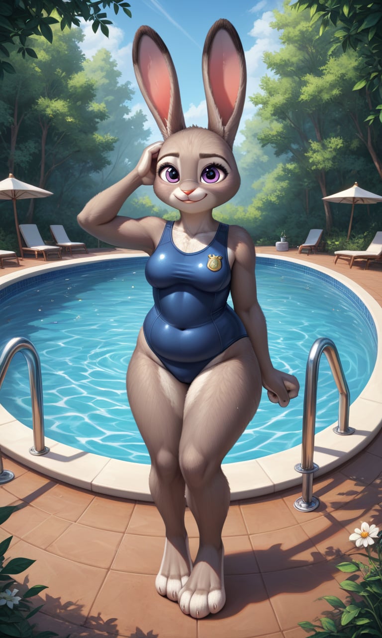 score_9, score_8_up, score_7_up, score_6_up, score_5_up, score_4_up, source_furry,BREAK,(detailed face and eyes)1.1, detailed fur, bunny, judy hopps, fur, anthro, detailed, anthropomorphic, furry, long large bunny ears, booty shorts, smiling, fur covered body, BREAK, slightly-chubby, (breasts)1.1, BREAK, (full length view, facing viewer)1.3, fully in view, cute, solo, legs in view, knees, fur covered body, detailed fur, one piece swimsuit, in pool water surrounded by a detailed scenic view, pool, sun, forest