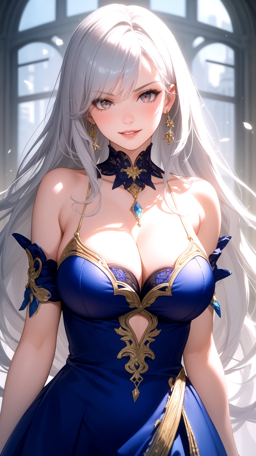 (masterpiece, best quality), intricate details, 1girl, beautiful girl, silver hair, silver eyes, sharp jawline, dress, messy hair, plump lips, upper body, smirk