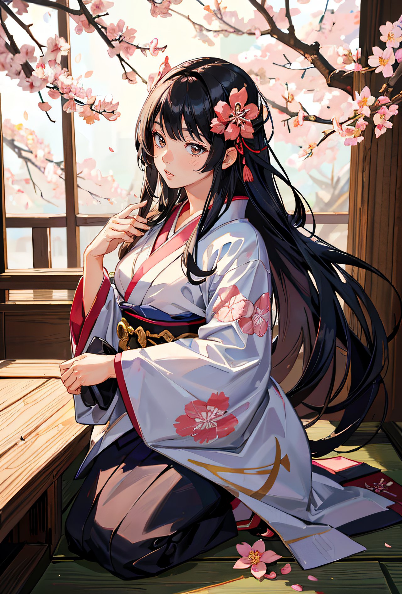 1girl, japanese, blossom kimono, sakura trees, dojo, aesthetic, wooden floor, long hair, black hair, cleavage, (masterpiece, best quality, hires, high quality, by professional artist, ultra detailed, extremely detailed, absurdres, incredibly resolution:1.2)