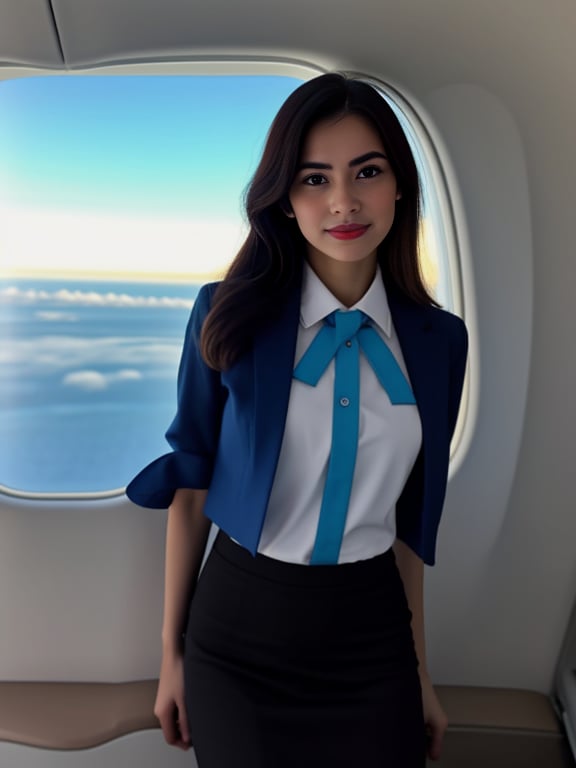 1girl-bishoujo, Flight attendants dressed in sky blue uniforms, including a tailored jacket, A-line skirt, and a colorful silk scarf, photo-background, optimal-lighting, (((physically-realistic))), <lora:LCMv15:0.8> <lora:Elixir:1> <lora:Southeast Asian Women_epoch_3:0.8>