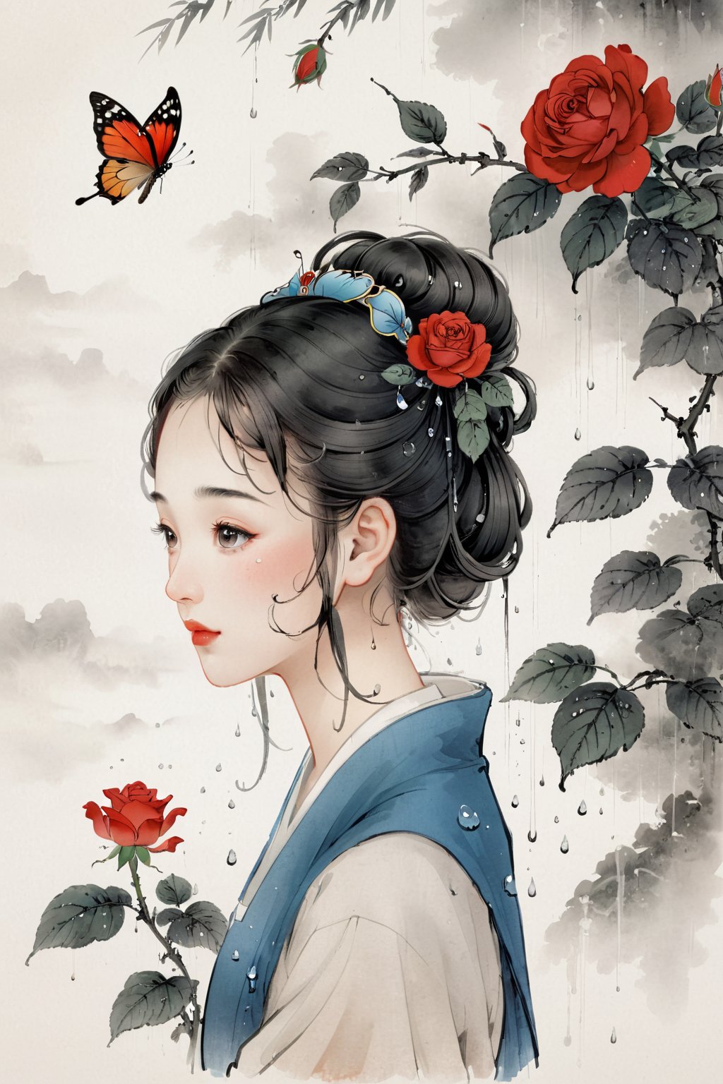 Best quality,8k,cg,falls,Rain,raindrops,Chinese ancientpaintings,traditional chinese ink painting,a girl with a butterfly on her face and a rose besize her head.,chinese meticulous ink,illustration,white background,centered,completed,<lora:工笔水墨:0.8>,