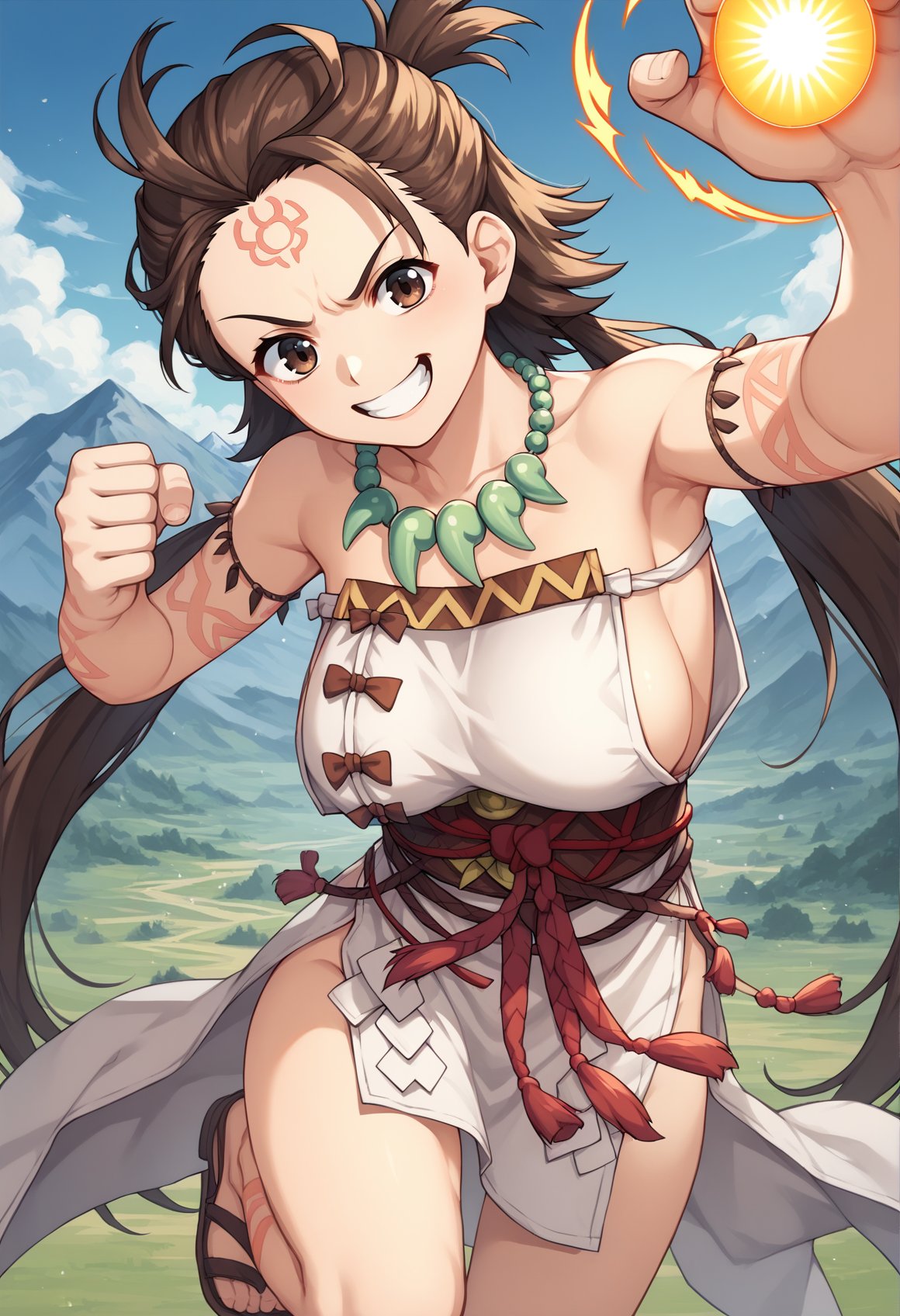 1girl, brown hair, long hair, low twintails, topknot, brown eyes, body markings, facial mark, forehead mark, jewelry, white dress, sideboob, side slit, necklace, magatama, magatama necklace, sash, no bra, no panties, portrait, sandals, angry, smile, valley, mountain, clenched hand, punching, energy ball, close up, dynamic pose, close-up, facing viewer, looking at viewer,  pov<lora:Himiko:0.8>, score_9, score_8_up, score_7_up, score_6_up, score_5_up, score_4_up, BREAK source_anime, masterpiece