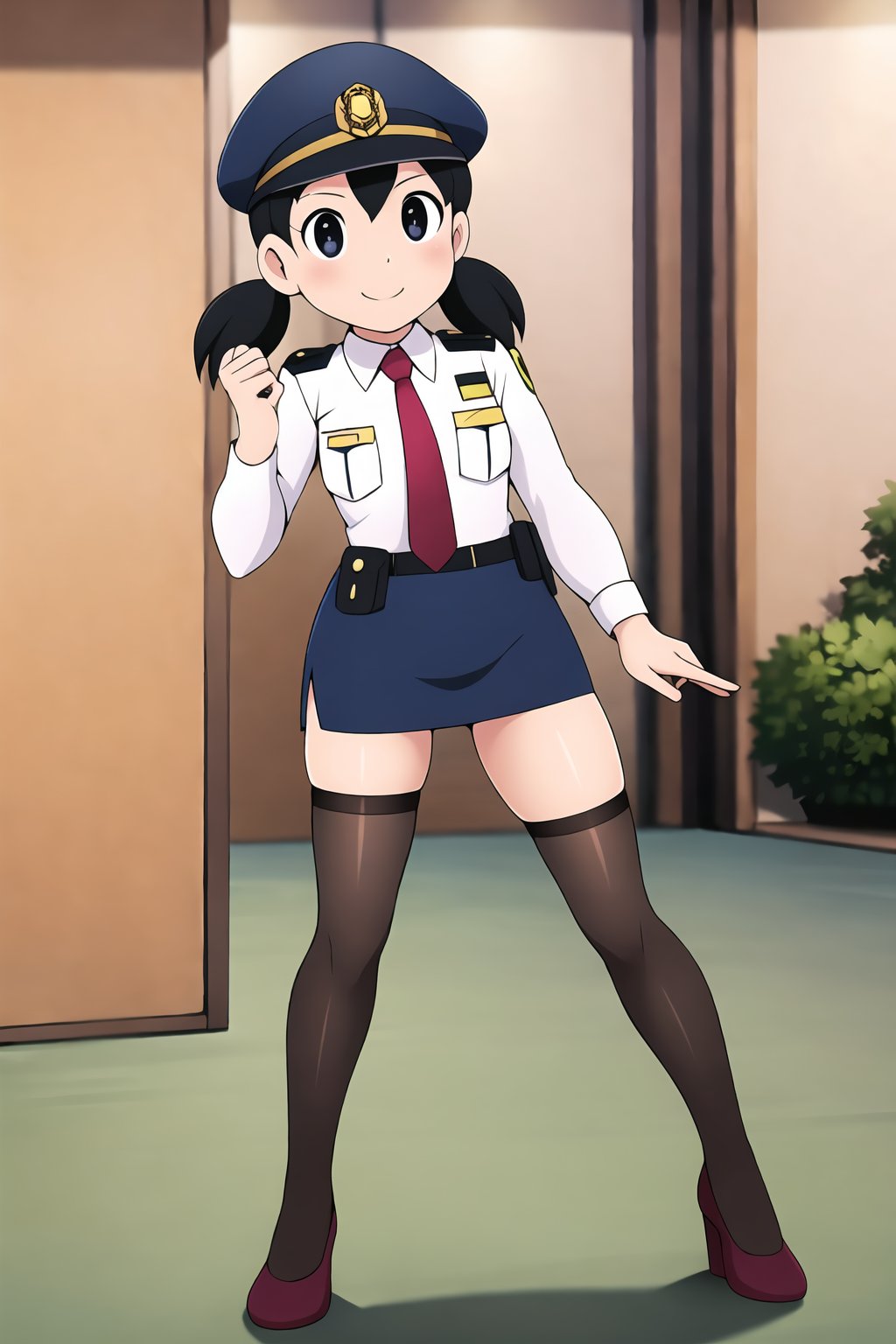 HDR,UHD,best quality,Highly detailed,masterpiece,Professional,<lora:yuanjingxiang:0.7>,yuanjingxiang,1girl,solo,looking at viewer,smile,skirt,black hair,hat,twintails,standing,necktie,uniform,black eyes,short twintails,pencil skirt,police,police uniform,policewoman,(stirrup_legwear:1.4),miniskirt,loli,