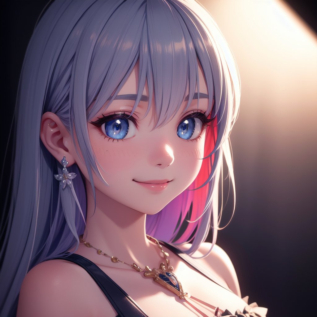 a close up from 1 beautiful and cute girl, extreme close-up, detailed blue-silver eyes, long red hair,  beautiful dainty necklace,  shy smile,  (masterpiece:1.2), (best quality:1.2), newest, ai-generated, ultra-detailed, best shadow, detailed background, high contrast, (best illumination, an extremely delicate and beautiful), ((cinematic light)), hyper detail, dramatic light, intricate details, 8k, anime, very aesthetic, vibrant color,