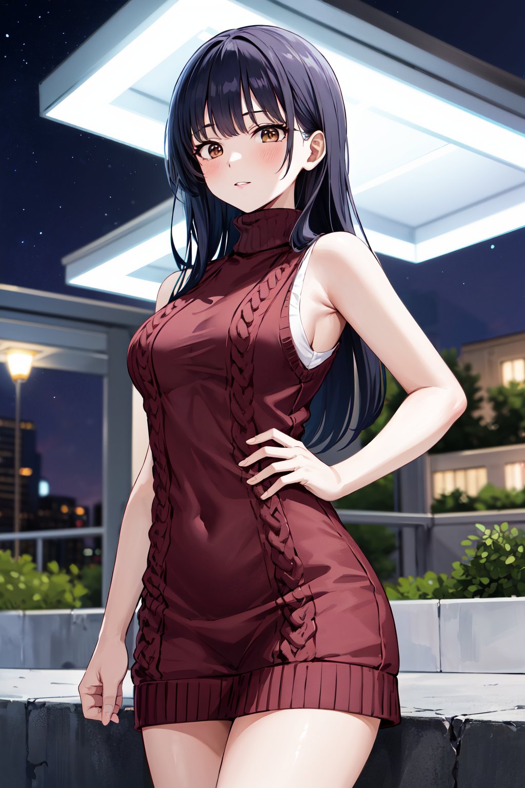 masterpiece, best quality, highres, aaanna, long hair, brown eyes, <lora:yamada_anna_v1:0.7>, sweater dress, sleeveless, turtleneck, standing, cowboy shot, outdoors, night, 