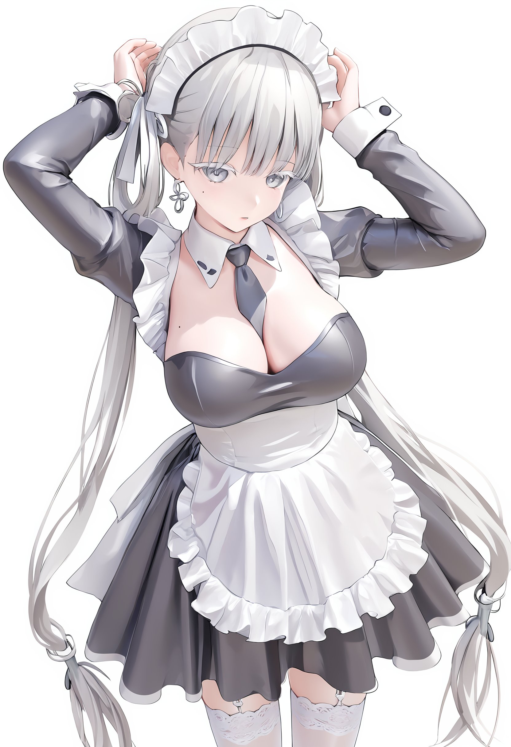 (masterpiece),(bestquality),tianzui,1girl,solo,large breasts,white background,maid dress,cleavage,maid headdress,tying hair,long sleeves,garter straps,white thighhighs,white apron,arms up,<lora:jinhsi-pony-v2-000008:0.6>,white eyelashes,grey hair ribbon,hair rings,tie tow side hair,grey eyes,twintails,earrings,white hair,mole under eye,jinhsi,<lora:tianzui-pony-v1-000008:0.6>,