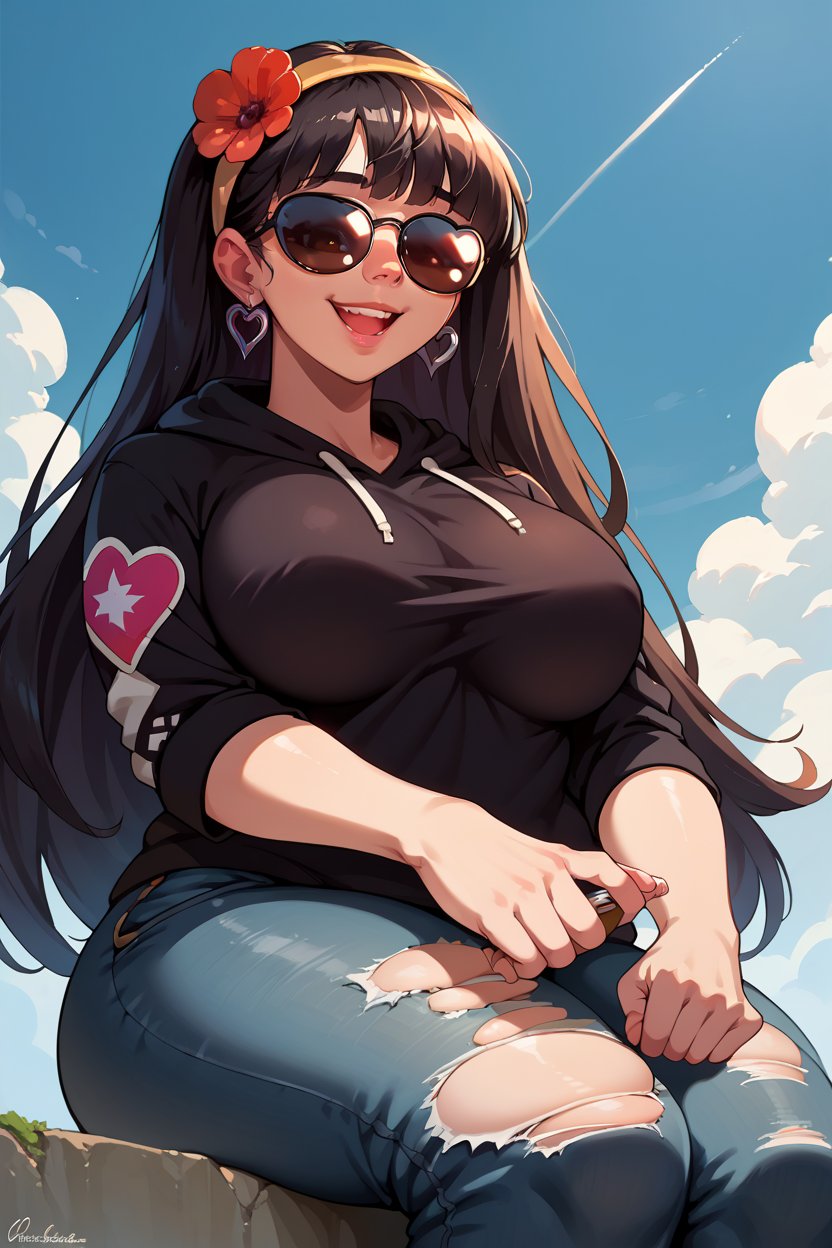 score_9, score_8_up, score_7_up, score_6_up, source_anime BREAK 1girl, solo  <lora:dcanemone-pdxl-nvwls-v1:1> dcAne, black hair, hairband, hair flower, sunglasses, heart earrings, large breasts, black hoodie, torn jeans, thick thighs, from below, sitting, happy, blue sky, covered eyes