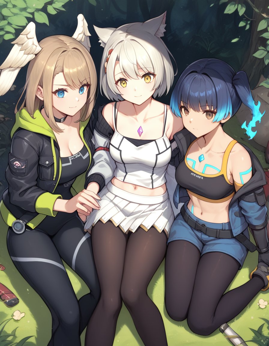 score_9, score_8, score_7, source_anime,<lora:xb3-ponyxl-000003:0.3>3girls, camping, peacefulBREAKeunie, black bodysuit, black choker, black jacket, bodysuit, choker, cleavage, head wings, hood, hoodie, jacket, long sleeves, open jacketBREAKmio, black pantyhose, chest jewel, midriff, navel, skirt, white camisole, white skirtBREAKsena, blue hair, black sports bra, chest jewel, crop top, leggings, navel, shorts, shoulder strap