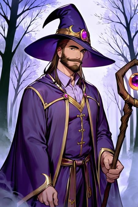 score_9, score_8_up, score_7_up, rating_safe, 1boy, solo, male focus, mature male, wizard, long hair, brown hair, black eyes, looking at viewer, hat, facial hair, beard, mustache, staff, wizard hat, purple hat, shirt, collared shirt, robe, purple robe, cloak, holding, holding staff, upper body, standing, outdoors, forest, nature, tree, fog, dark background <lora:Line Art Style LoRA XL:0.8>