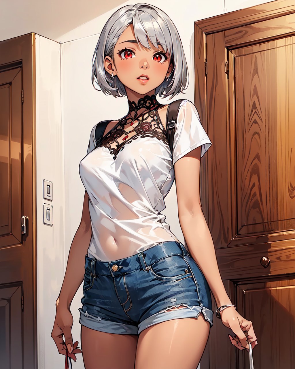 (a really cute brown skin woman with red eyes and silver short hair:1.5),  (medium breasts:1.2),  (masterpiece,  intricate:1.2),  talking with smartphone