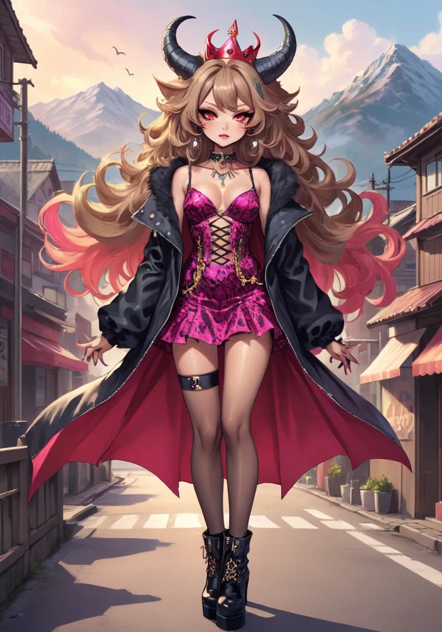 hires,best quality,Illustration of Gyaru, the newly crowned Demon Queen, standing atop a mountaintop, adorned in vibrant, extravagant street fashion, complete with platform boots and oversized accessories. With a confident smirk, she exudes an aura of power and dominance, as her long, flowing hair and bold makeup reflect her fierce and unapologetic personality. Surrounded by a group of loyal and stylish demons, she commands attention and respect with her captivating presence