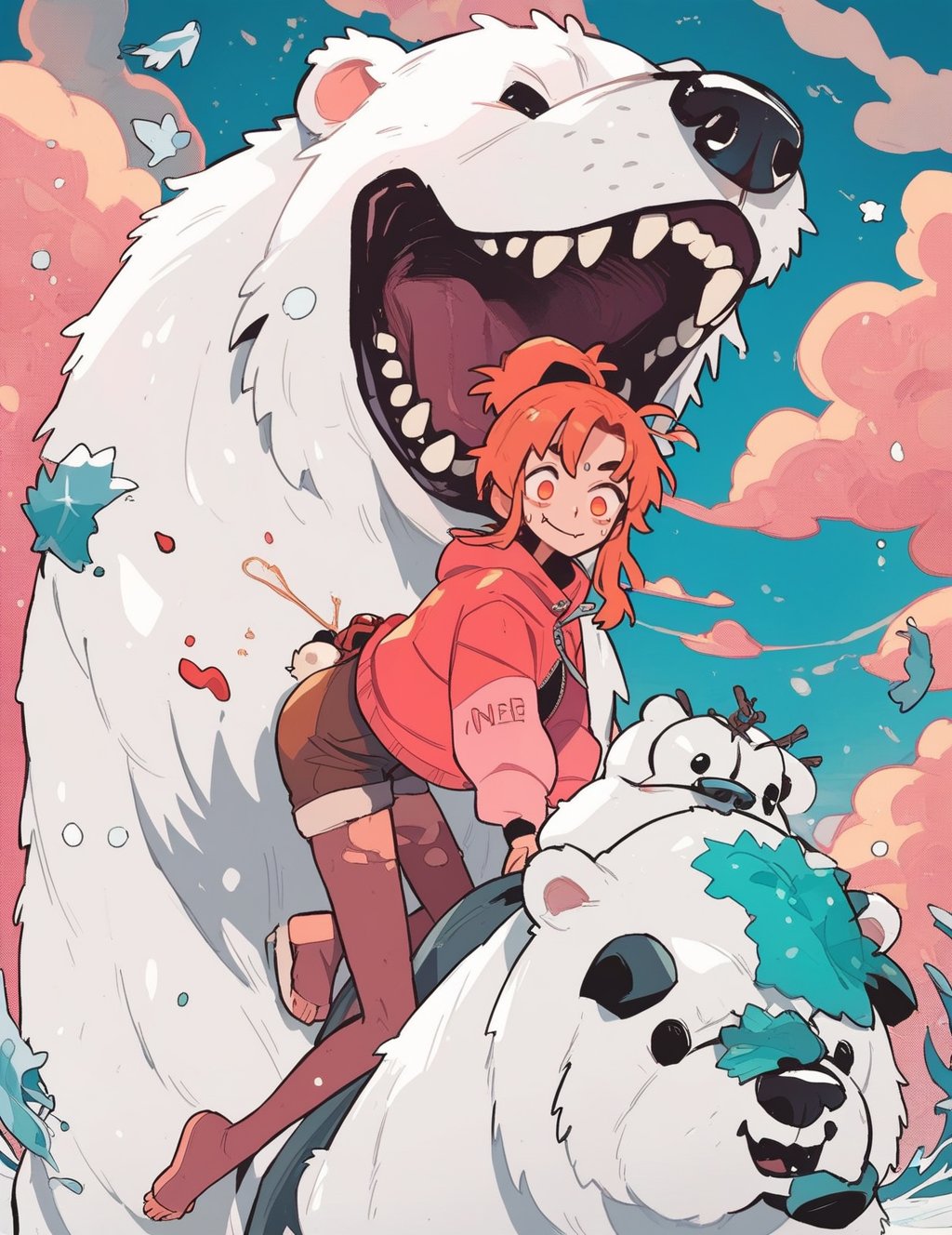 cute woman riding a Polar bear in the Arcticscore_8_up <lora:cutethings-PonyXL:1>