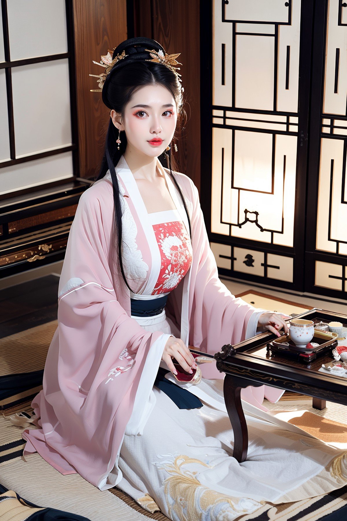 hanfu,1girl,solo,looking at viewer,jewelry,sitting,blackhair,earrings,indoors,chinese room,table,eastasianarchitecture,teacup,chinako,