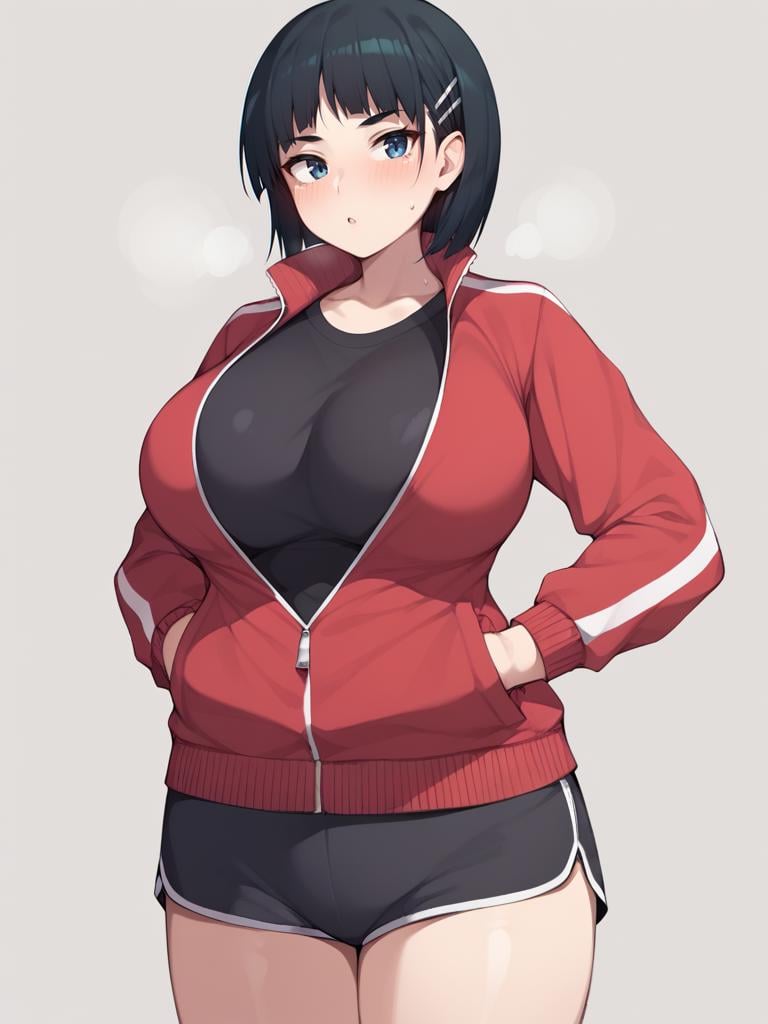 score_9, 1girl, large breasts, kirigaya suguha, hairpin, hairclip, track jacket, red jacket, black undershirt, dolphin shorts,unzipped, <lora:pepper0V1_r1:0.8>