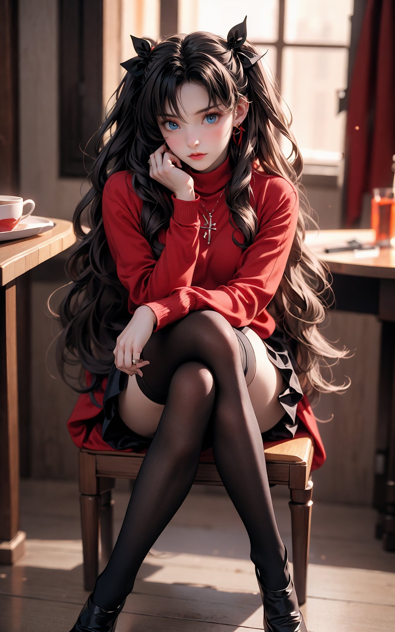 blurry background，Rin Tohsaka，1gir，tohsaka rin，solo，long hair，brown hair，black thighhighs，blue eyes，pleated skirt，two side up，red hair ribbon，red sweater，parted bangs，jewelry，(full body:1.1),Crossed legs, sitting on chair, crossed legs,<lora:绪儿-﷿坂﷿ Rin Tohsaka:0.7>