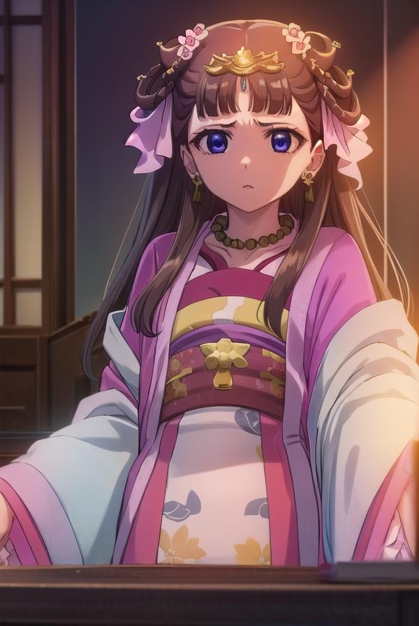 lishu, <lora:lishu s1-lora-nochekaiser:1>,lishu, long hair, brown hair, hair ornament, (purple eyes:1.1), tiara,BREAK jewelry, earrings, necklace, chinese clothes, hanfu,BREAK indoors,BREAK looking at viewer, (cowboy shot:1.5),BREAK <lyco:GoodHands-beta2:1>, (masterpiece:1.2), best quality, high resolution, unity 8k wallpaper, (illustration:0.8), (beautiful detailed eyes:1.6), extremely detailed face, perfect lighting, extremely detailed CG, (perfect hands, perfect anatomy),