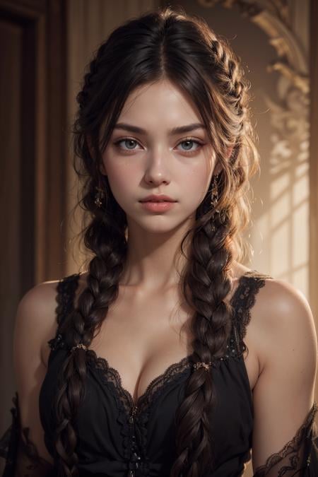 (masterpiece, best quality), absurdes, 1girl, pretty dress, beautiful girl, dark braided hair, full sharp, detailed face, stunning face, (high detailed skin:1.2)