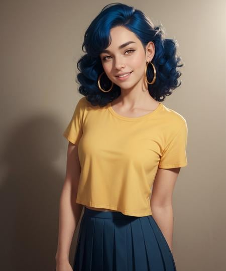 woman, perfect face, defined jawline, beautiful lips, (cute smile), (beautiful bright orange eyes), (blue hair, curly 80s hairstyle:1.2), (gold hoop earrings), (plain pale yellow t-shirt), (dark blue pleated skirt), standing, (cowboy shot photograph), (well lit studio background), realistic