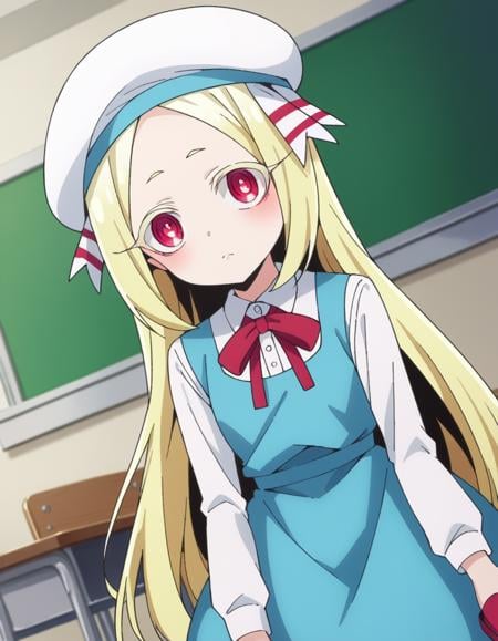 score_9, score_8_up, score_7_up, source_anime,morinokorisu, <lora:morino-korisu-ponyxl-lora-nochekaiser:1>morino korisu, long hair, blonde hair, red eyes, very long hair, bright pupils,shirt, long sleeves, hat, dress, white shirt, pantyhose, shoes, blue dress, beret, white headwear, red footwear, mary janes,indoors, classroom,looking at viewer, dutch angle, cowboy shot